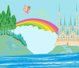 Obraz na płótnie Canvas fairy flying above castle