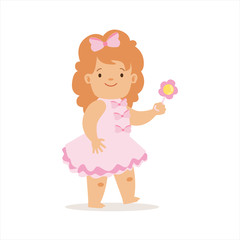 Girl In Pink Dress Walking With Flower, Adorable Smiling Baby Cartoon Character Every Day Situation