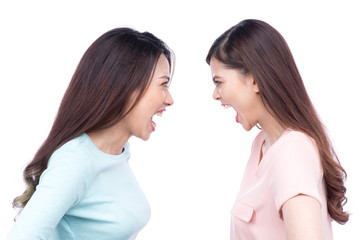 Two asian women shouting each other against white background.