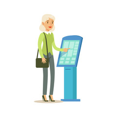 Woman Taking Electronic Queue Ticket. Bank Service, Account Management And Financial Affairs Themed Vector Illustration