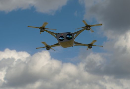modern camera drone in flight, front view of the futuristic black concept cloud sky 3D illustration