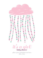 Baby shower invitation. Cloud with hearts and drops decoration. Girl