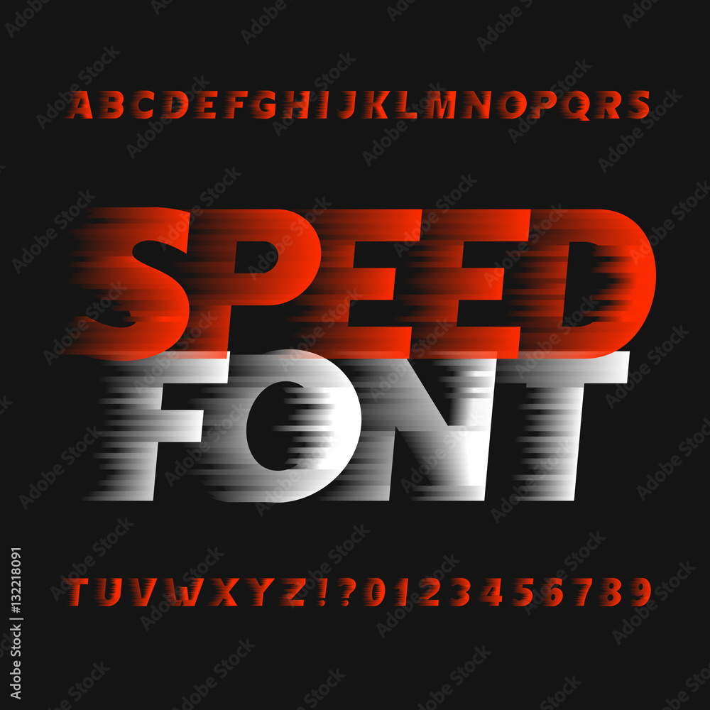 Fototapete speed alphabet font. wind effect type letters and numbers on a dark background. vector typeface for 