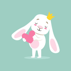 Little Girly Cute White Pet Bunny In Princess Crown Holding A Pink Heart, Cartoon Character Life Situation Illustration
