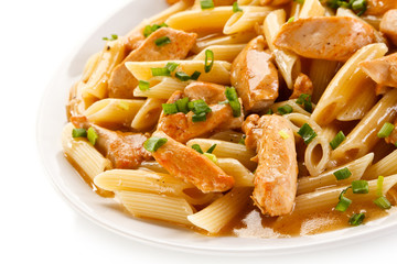 Penne with meat, sauce and vegetables 
