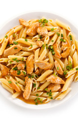 Penne with meat, sauce and vegetables 