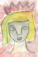 Blonde girl with silver crown. Outsider art.  Gender, identity politics. 