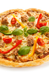 Pizza with tuna on white background 