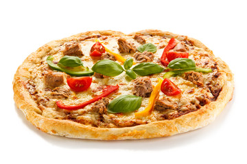 Pizza with tuna on white background 