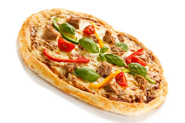Pizza with tuna on white background 