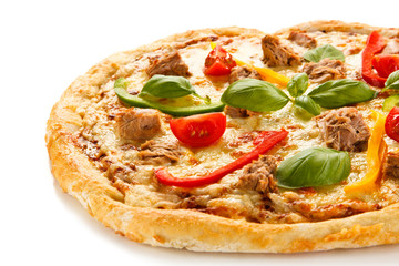 Pizza with tuna on white background 