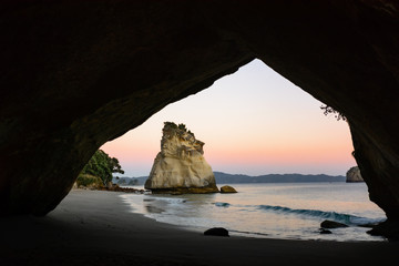 Sunrise at Cathedral Cove in New Zealand