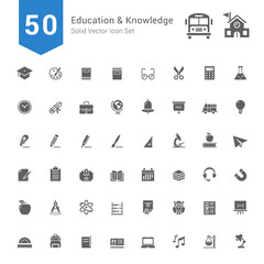Education and Knowledge Icon Set. 50 Solid Vector Icons.