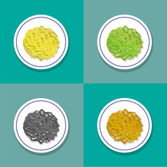 Set of only noodle on plate in flat style, vector