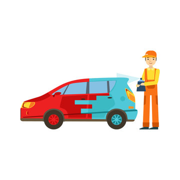 Smiling Mechanic Painting The Car In The Garage, Car Repair Workshop Service Illustration