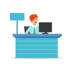 Office Bank Employee At Her Desk. Bank Service, Account Management And Financial Affairs Themed Vector Illustration