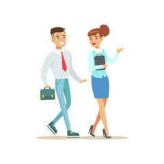 Colleagues Walking And Talking. Bank Service, Account Management And Financial Affairs Themed Vector Illustration
