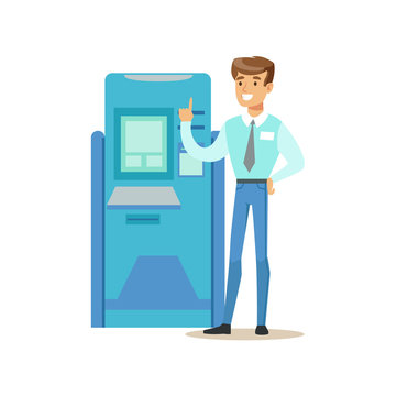 Bank Consultant Standing Next To ATM Cash Machine. Bank Service, Account Management And Financial Affairs Themed Vector Illustration