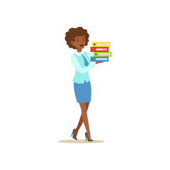 Bank Secretary Waking Holding Pile Of Folders. Bank Service, Account Management And Financial Affairs Themed Vector Illustration