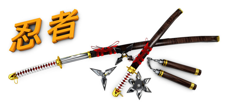 Japanese Katana. Samurai set with ninja word Isolated weapons. 3d illustration. isolated black