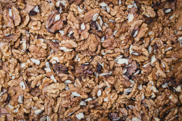 Closeup of big shelled walnuts pile