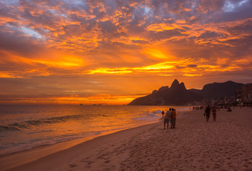 Sunset view of Ipanema beach and mountain Dois Irmao (Two Brother) in Rio de Janeiro, Brazil