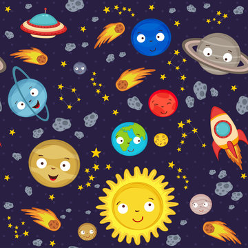 seamless pattern with cute solar system - vector illustration, eps