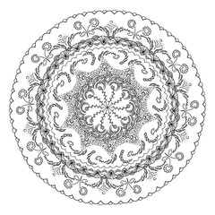 Mandala ornament. Round template. Decorative element  can be used for greeting card, wedding invitation. Doodle emblem.
