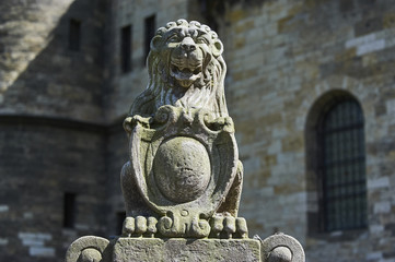 Lion herald on gravestone of Hendl Bassevi. Tombstones on Old Jewish Cemetery in the Jewish Quarter...