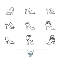 Beautiful set of various shoes and sandals, isolated on white background. Vector bundle with 9 summer and spring female footwear with spool heels type. Vector hand drawn black and white illustration