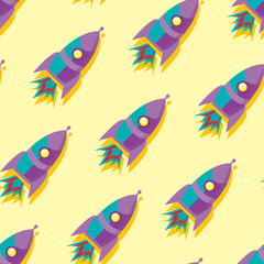Cute and colorful space seamless pattern background with rockets. Yellow, blue and purple.