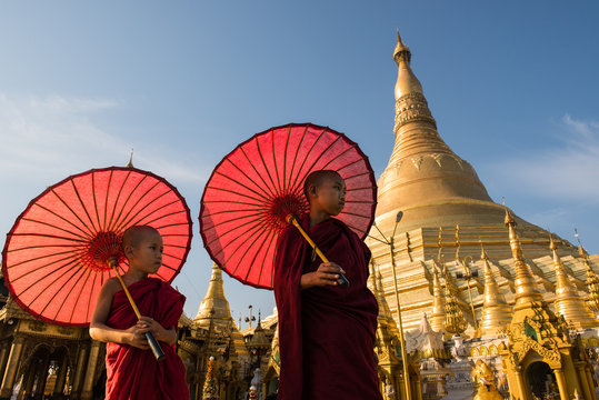 Couple monks travelling in Shwedagon Pagoda