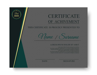 Luxury certificate of achivement with award badge. Vector template, eps10