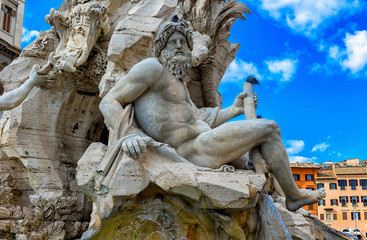 Fountain of the Four Rivers (Fontana dei Quattro Fiumi) with an Egyptian obelisk on Piazza Navona, Rome, Italy
