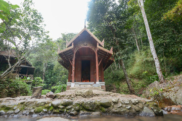 Small wood church at kantrapruksa temple in Mae Kampong , surround by waterfall and jungle in Maekampong village Chiang Mai, Thailand