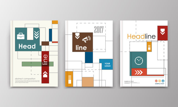 A4 brochure cover design. Triple ad frame font. Patch title sheet model. Creative vector front page. Flyer set. Banner texture. Lines, arrows scheme icon. Financial project fiber. Square text box
