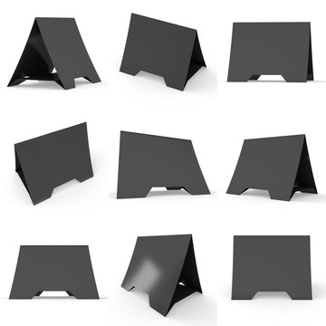 Black paper tent cards set. 3d render illustration isolated. Table cards mock up on white background.