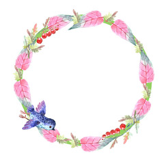 leaves, birds, watercolor, seamless pattern