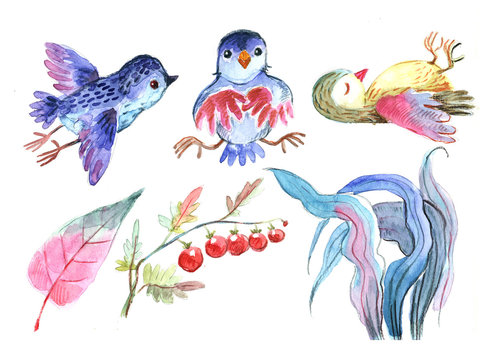 leaves, birds, watercolor, seamless pattern