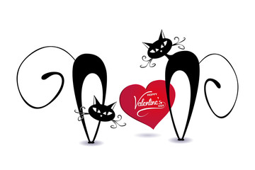 black cartoon cats with heart  - vector romantic valentine's day  ( love ,  valentine , cat  ) - 132227059