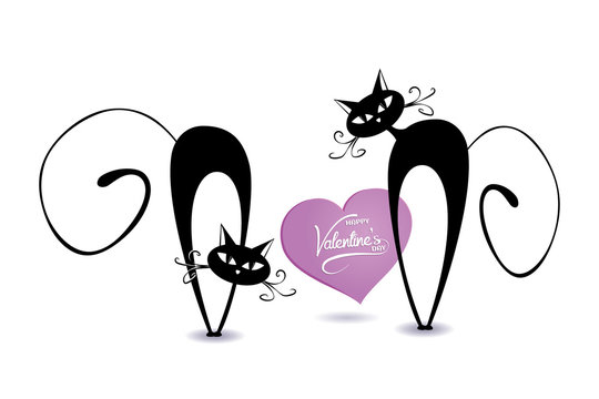 black cartoon cats with heart  - vector romantic valentine's day ( love , valentine  , cat )