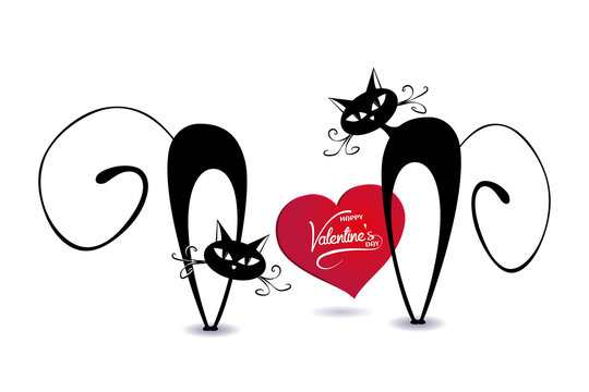 black cartoon cats with heart  - vector romantic valentine's day  ( love ,  valentine , cat  )