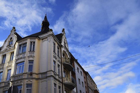 Houses of the former Germany on Pobedy Street of the city of Sovetsk, the Kaliningrad region