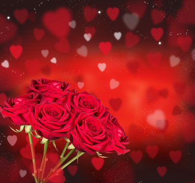 Roses red and Hearts background. Valentine concept. Nature and beautiful red roses bouquet on abstract background. St. Valentine's Day © verca