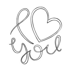 I love you. Love curly calligraphy sign with heart.