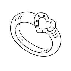 Wedding ring icon with heart. Outlined on white background