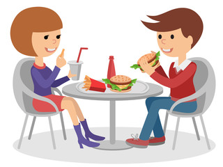 Girl and boy eating fast food. Vector illustration of a people at table with sandwiches drinks.