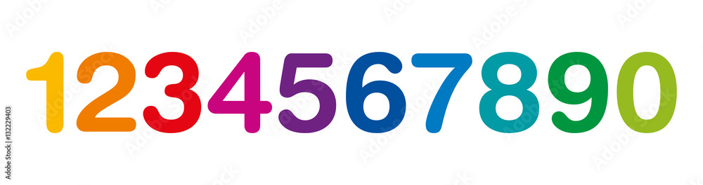 Wall mural rainbow colored numbers in a row. the ten numbers from one to zero. isolated illustration on white b