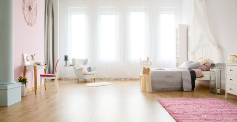 Light bedroom with floor panels - obrazy, fototapety, plakaty