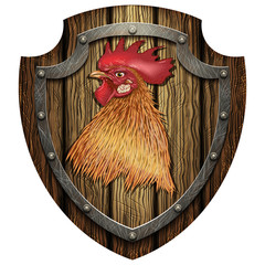 wooden shield with the head of a cock